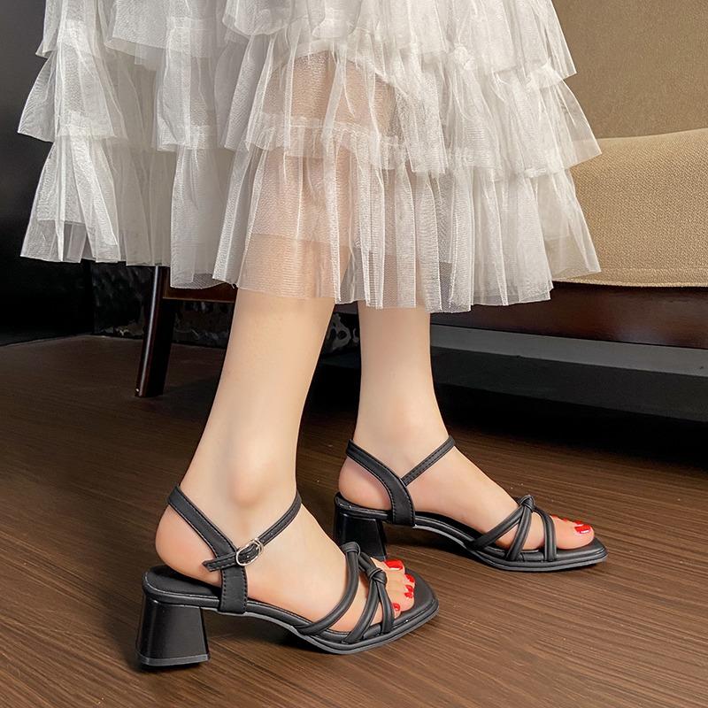 2025 Sexy Intertwined Silver Decoration Women's Sandals Open Toe Low Heels Sandals Summer Ankle Buckle Strap Party Shoes
