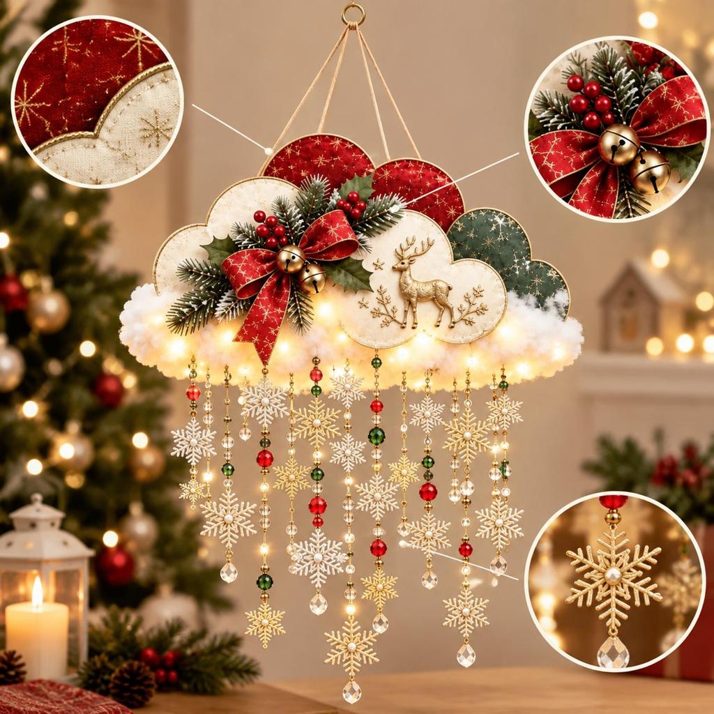 Snowflake Puff Hanging Decoration Lighted LED Felt Christmas Decor Ready to Hang