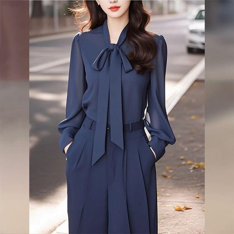 

Blue Chiffon Suit Autumn Women s Clothing 2025 New Arrival Fashion Fancy Bow Top Loose Pants Two-piece Set Picture color Tops S