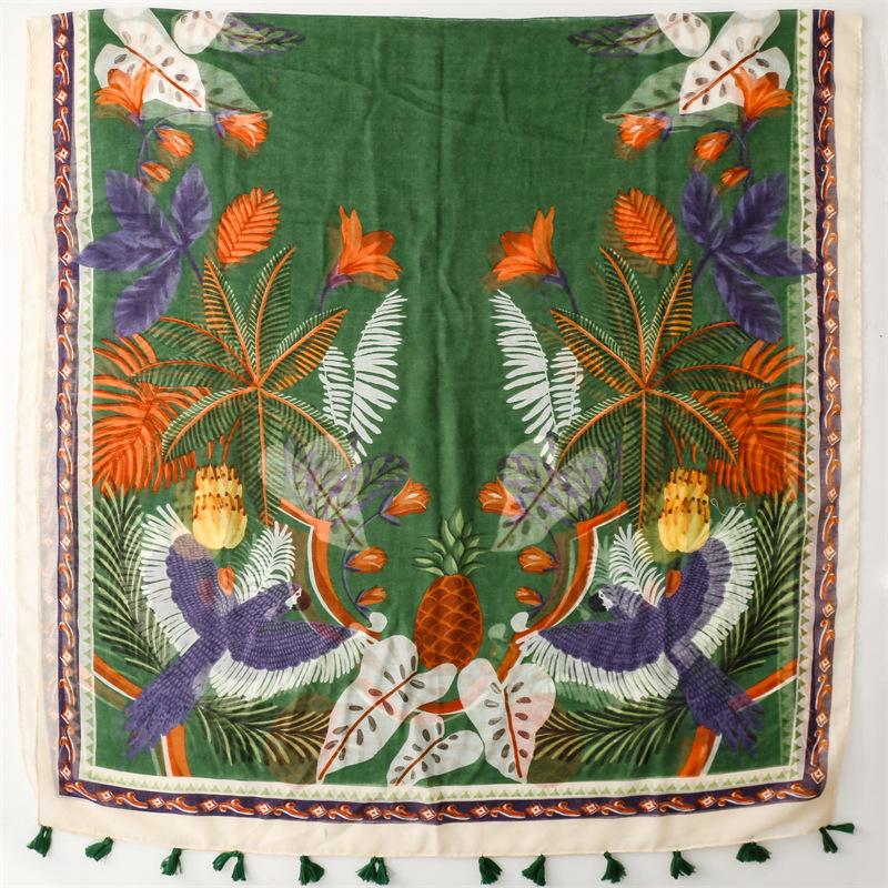 Ladies Scarf Thin Silk Scarf Spring Summer Tropical Plants Flowers Bugs Birds Bali Yarn Women Tassel Shawl