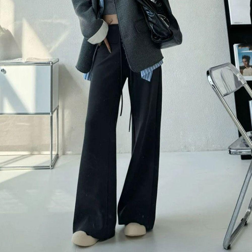 High Waist Casual Pants Women Drawstring Wide Leg Pants Breathable Straight Leg Pants Gym