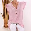 Women Blouse Ruffled Sleeve Loose V Neck Casual Cotton And Linen