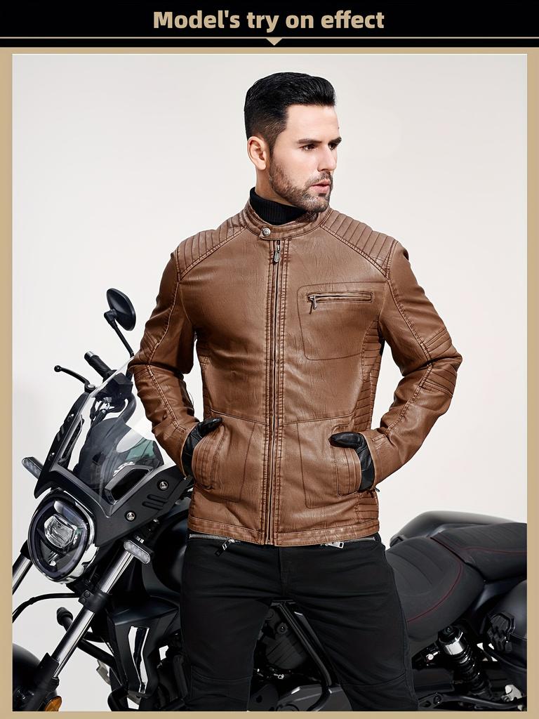 Vintage-Inspired Men's Faux Leather Jacket - Windproof, Warm Fleece Lined, Multi-Pocket Design for Motorcycle Riding & Casual Wear