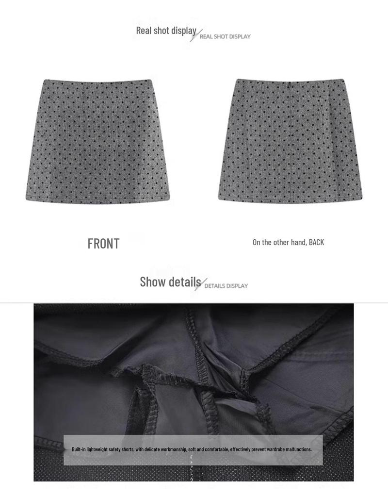 French Retro Grey Polka Dot Wool A-line Skirt - Women’s Autumn/Winter High Waist Hip-hugging Short Skirt