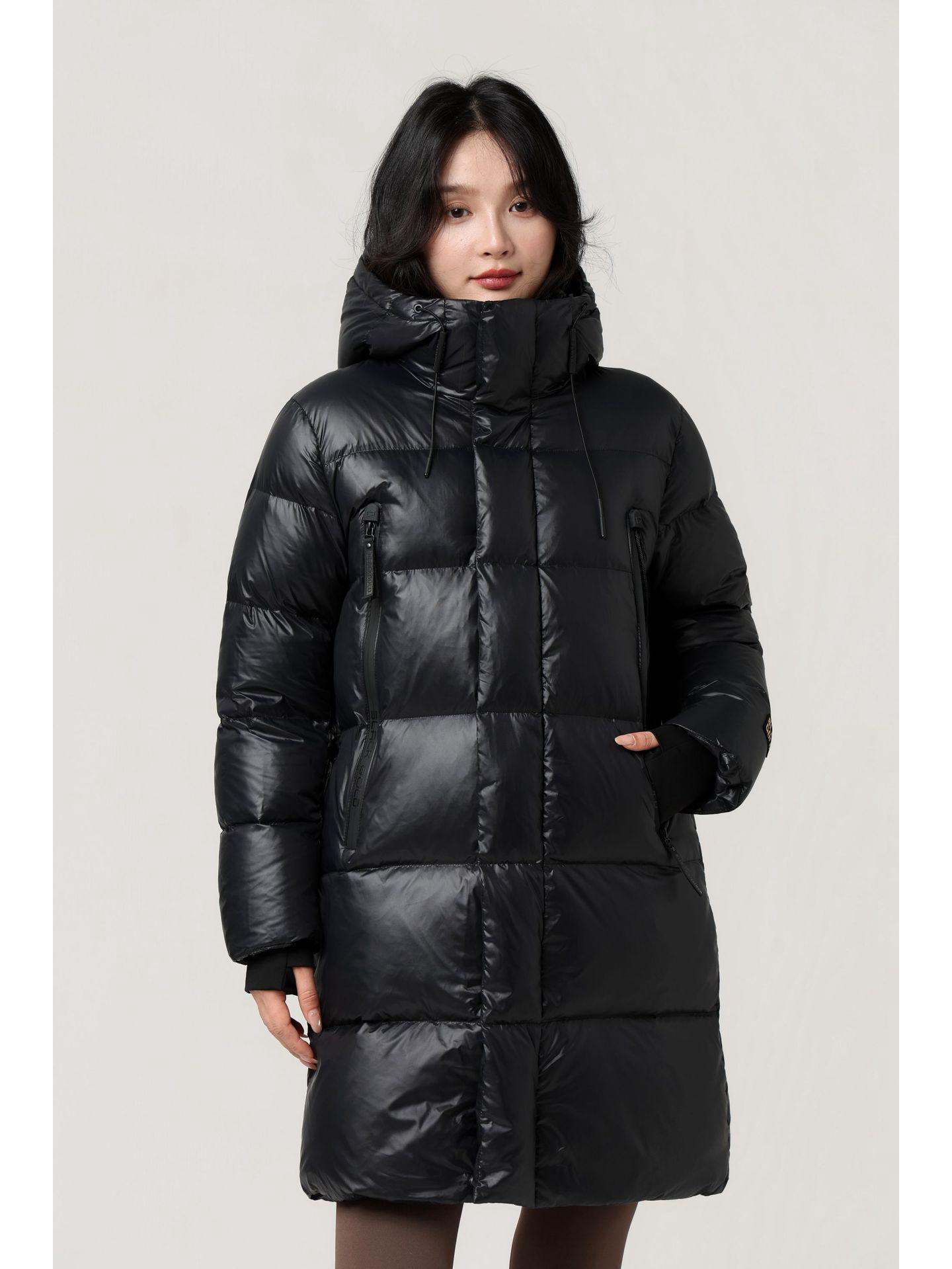 

Женский пуховик с капюшоном черного и золотого цвета 2025: Средней длины, Плотный, Теплый, Для улицы S (below 120 kg) чёрный