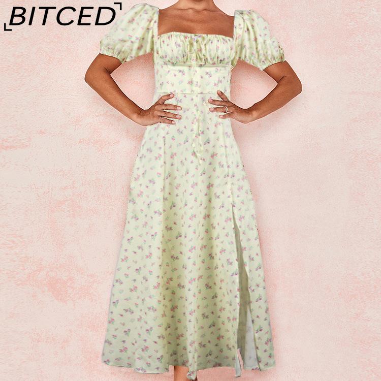 BITCED Women's Dress: Elegant Floral Print Split-Hem Fashionable Resort Strapless Dress