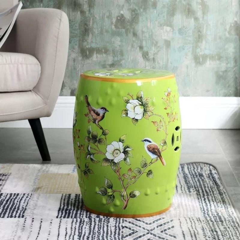 New Chinese Style Ceramic Drum Stool, Floral Bird Design Ottoman for Entryway&Living Room, Decorative Shoe Bench and Home Decor