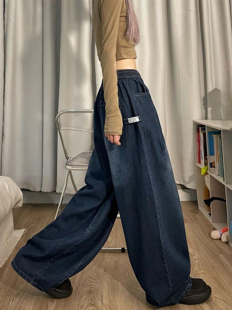Jarní Vintage Baggy Jeans Elastický pas Ženy Oversized American Denim Široká noha Kalhoty Móda Streetwear Rovné Základní kalhoty Y2k