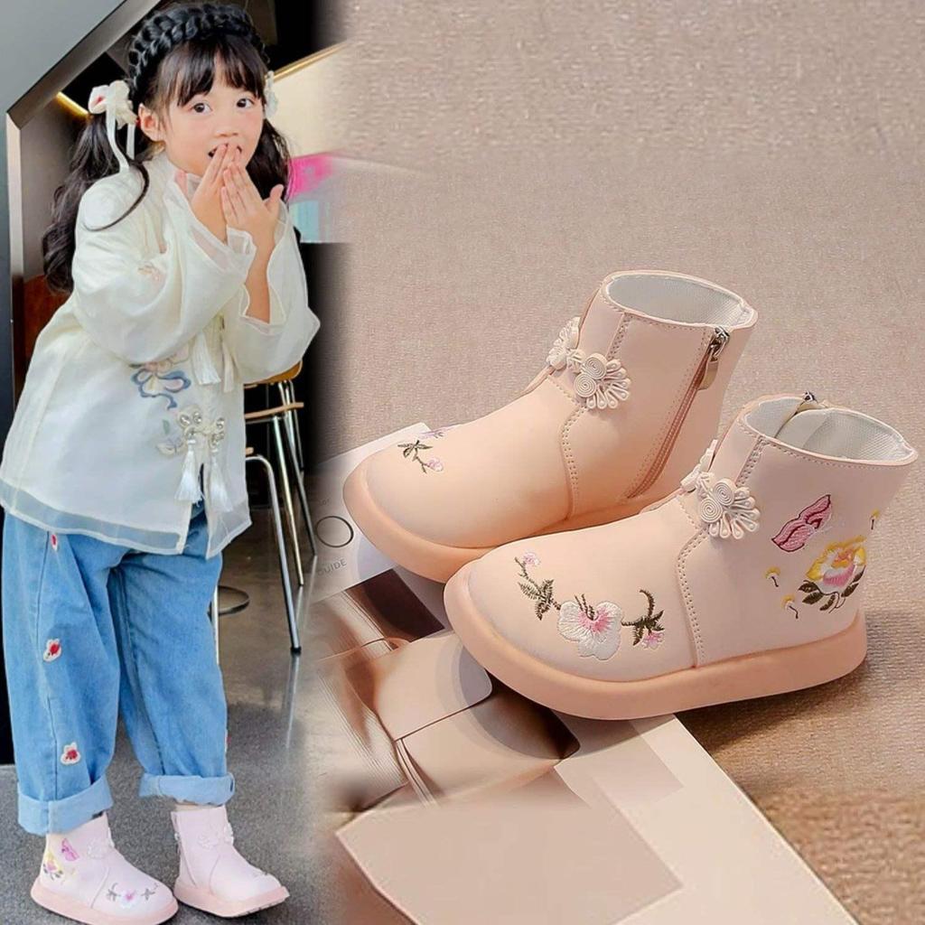 Girls' Hanfu Cotton Boots - 2026 New Flower Embroidery, Chinese-Style Soft Sole, Short Fairy Boots