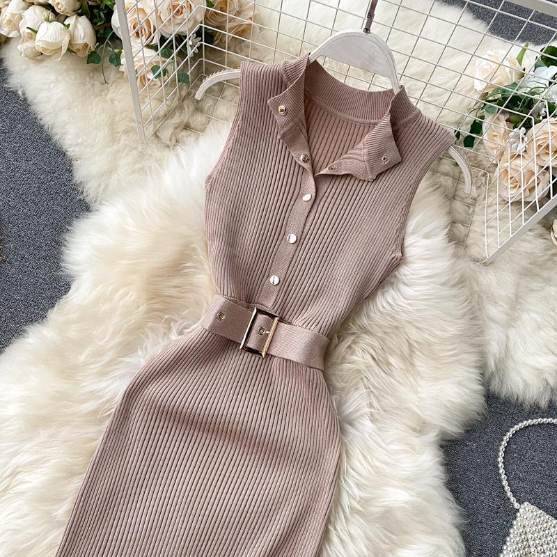 RUGOD European and American Dress Women's New Breasted Lace-up Waist and Hips Elastic Knitted Sleeveless Sexy Hip Dress