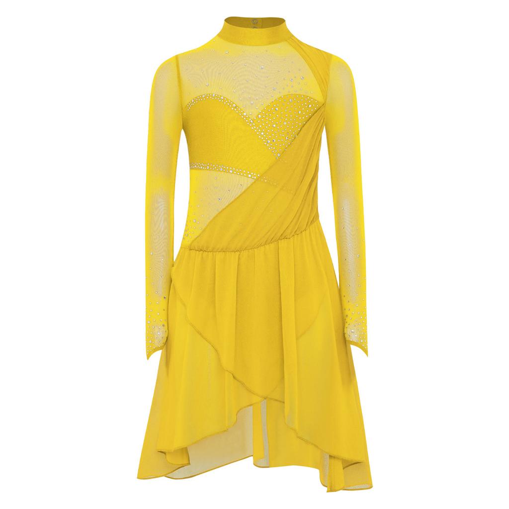 Mädchen Eiskunstlauf Tanzkleid Lange Ärmel Stehkragen Schlüsselloch Rücken Glänzende Strasssteine Eingebauter Slip Kleid