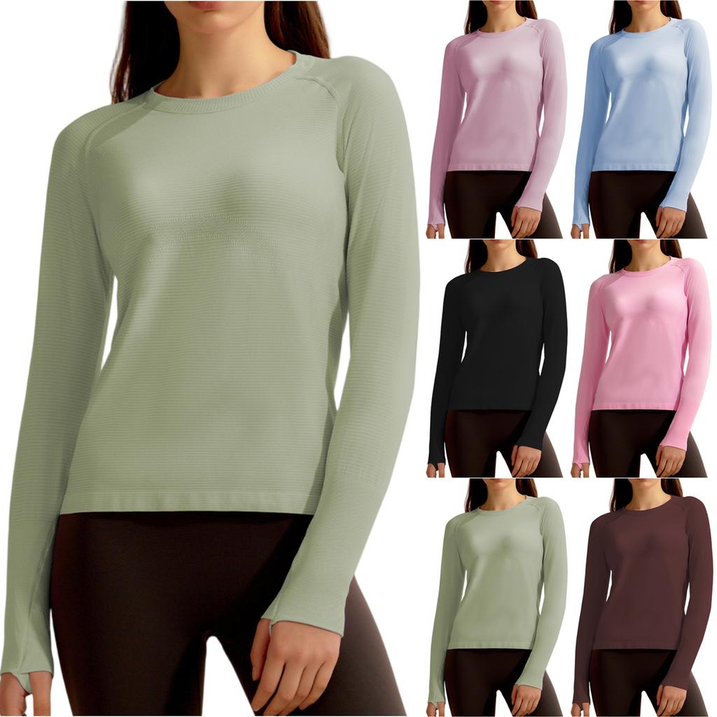 Dámská jednobarevná fitness souprava slim fit s návleky na prsty sportovní top s dlouhým rukávem