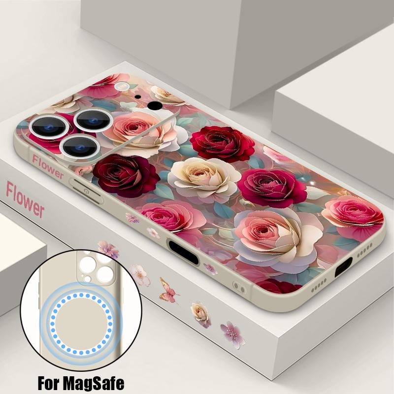 For iPhone 17 Pro Max Case Oil Painting Rose Flowers Magnetic For Magsafe Silicone Cover For iPhone 16 Pro Max Funda iPhone 15 14 13 12 11 16E