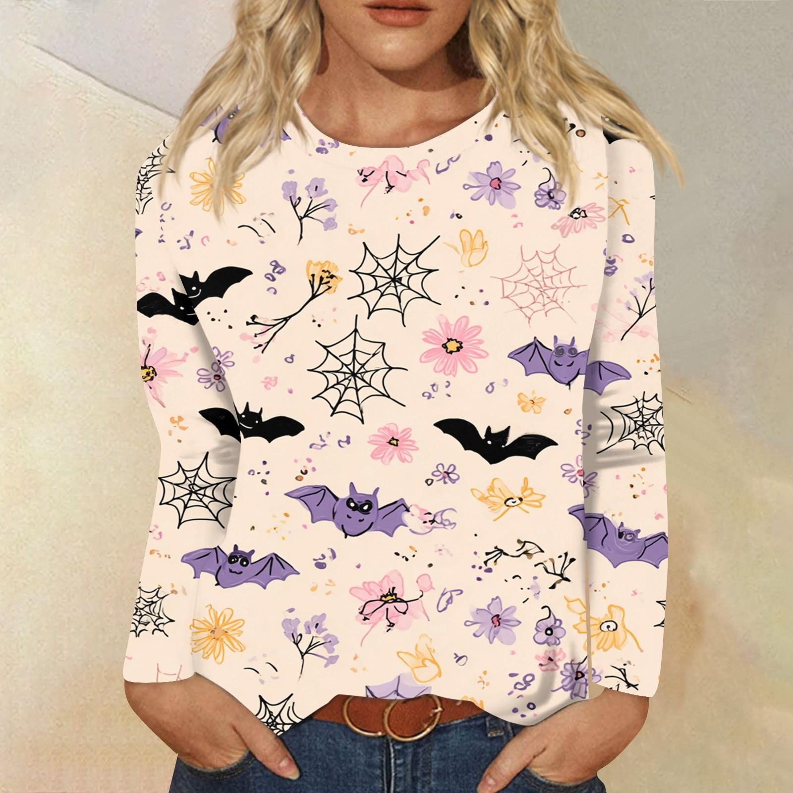 

Женская мода повседневная блузка с длинным рукавом и принтом на Хэллоуин с круглым вырезом S бежевый