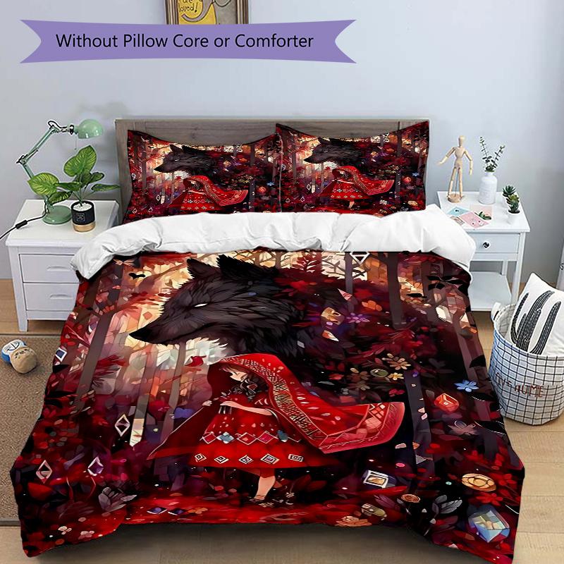 3pcs Red Riding Hood Wolf Bedding Set - Includes One Quilt Cover and Two Pillowcases (No Core) - Anime Cartoon Design for Bedroom Decorations.Q020 135x200cm