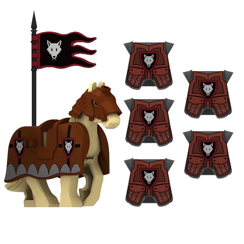 MOC Medieval Red Lion Black Eagle Castle Soldier Knight Horse Mount Building Block Military Figure Vest Armor Flag Toy Gift B036
