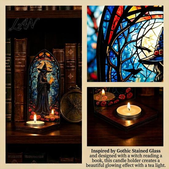 UV Printed Halloween Decor Candle Holder, Gothic Stained Glass Style Translucent Panel Lamp Retro Spooky Candlestick, Tabletop Atmosphere Ornament for