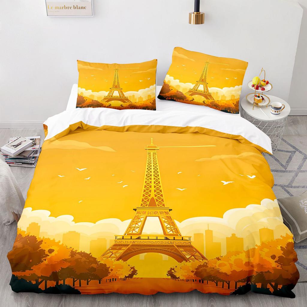 Paris Tower Pattern Duvet Cover, Cartoon City Architecture Bedding Set,Tower Quilt Cover for Kids Adults Bedroom Decoration