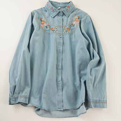 Embroidered Washed Denim Lapel Long Sleeve Shirts for Women Spring Autumn New Japanese Artistic Cute Single Breasted Shirt Embroidery