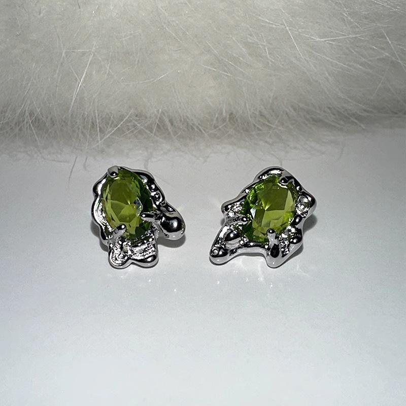 Sweet Cool Geometric Lava Earrings Olive Green Zircon Inlaid Hip-hop Street Style Niche Design Women's Dainty Durable Daily Earrings