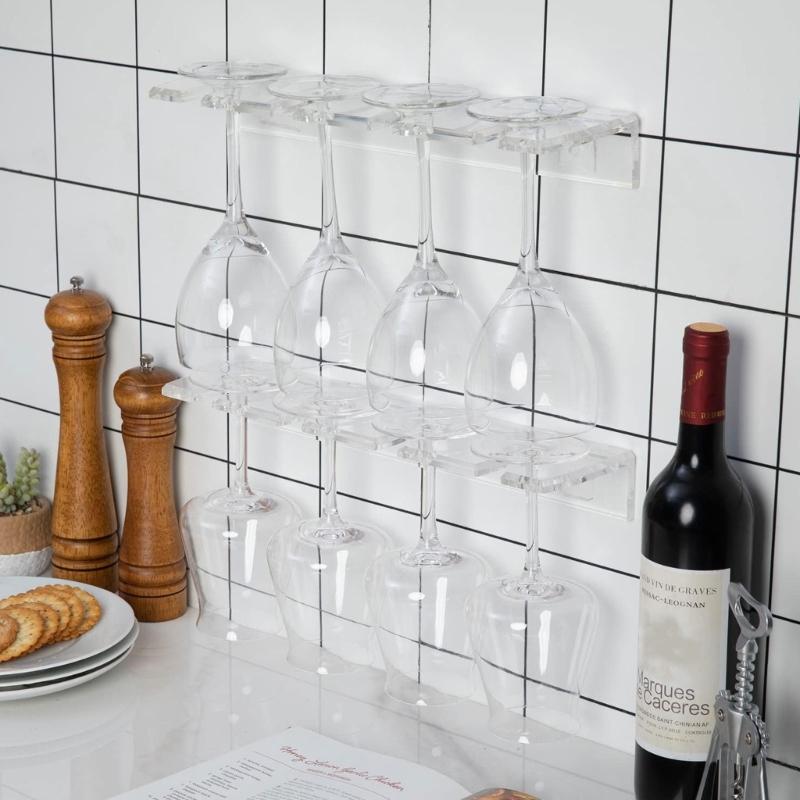 2Pcs Clear Acrylic Wine Glass Holder Wall Mounted Stemware Hangings Rack Glassware Holder Rack Wine Glass Rack Gifts