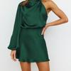 Damen One-Shoulder Satin Mini-Kleid Langarm Drapierter Ausschnitt Bodycon Cocktail Abendparty Kleid
