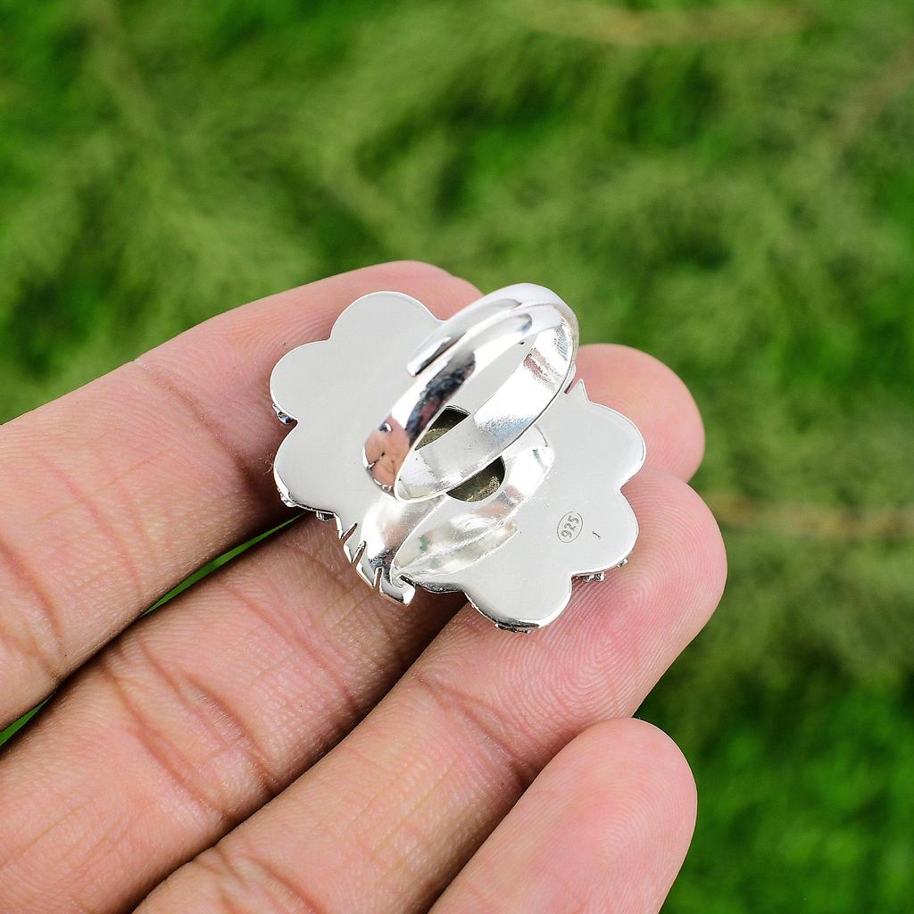 Gift For Women Multi Stone Flower Adjustable Ring 925 Silver Natural Pyrite