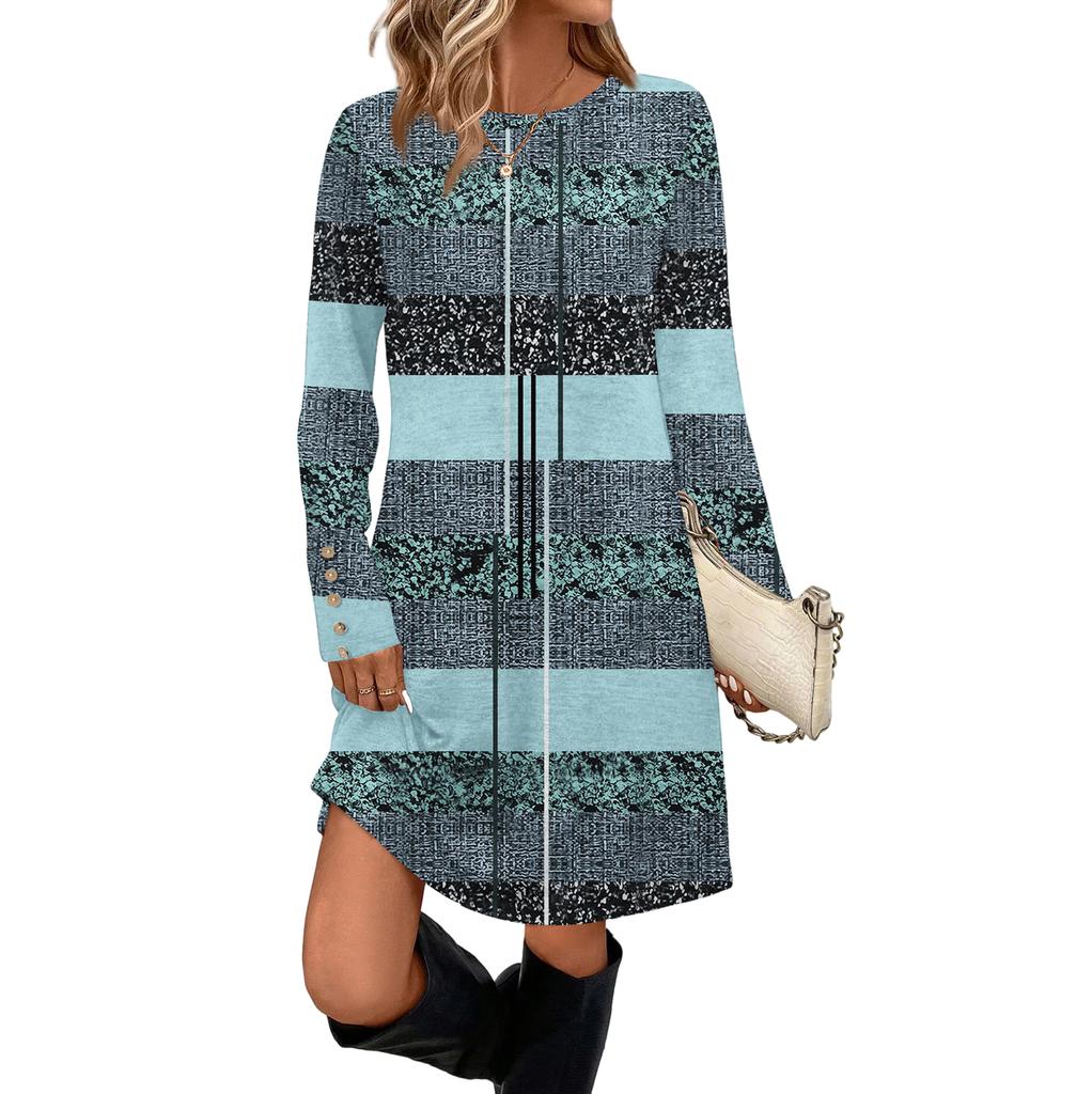 Rochie Casual de Damă la Modă Cu Buzunar, Nasturi Decorativi, Gât Rotund și Mâneci Lungi