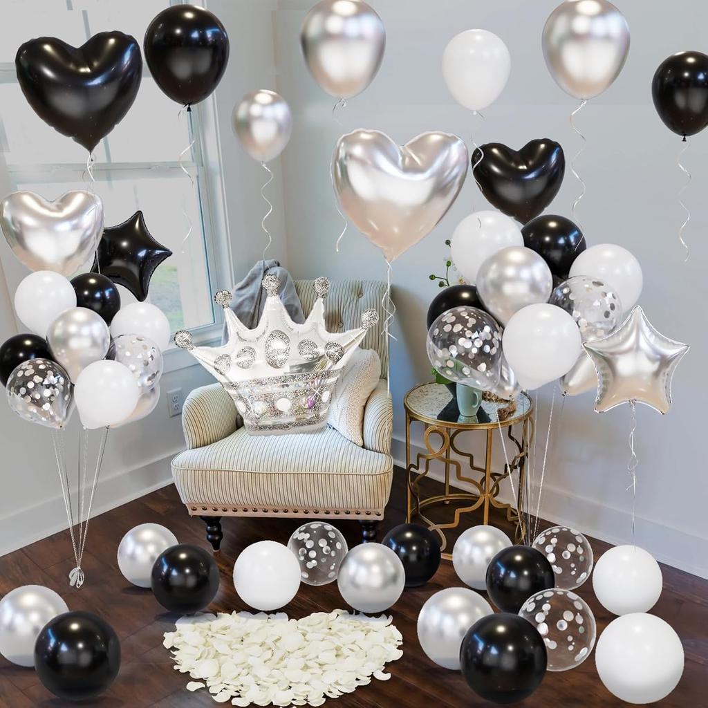 Black and Silver Valentine's Day Balloon Set, Happy Birthday Aluminum Film Star Crown Balloon Simulation Rose Petal Confession