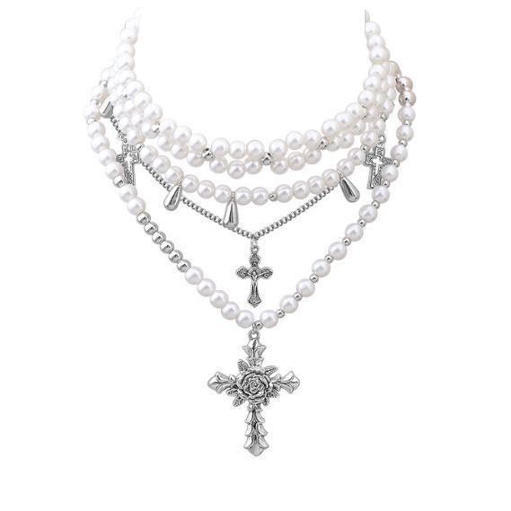 Retro Rose Cross Multi-Layer Clavicle Necklace for Women