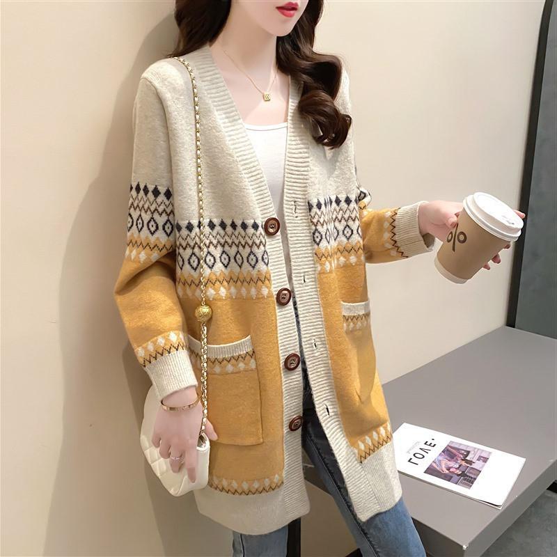 

Autumn and winter new long-sleeved loose medium and long fashionable retro neck sweater women s jacket knitted cardigan average size