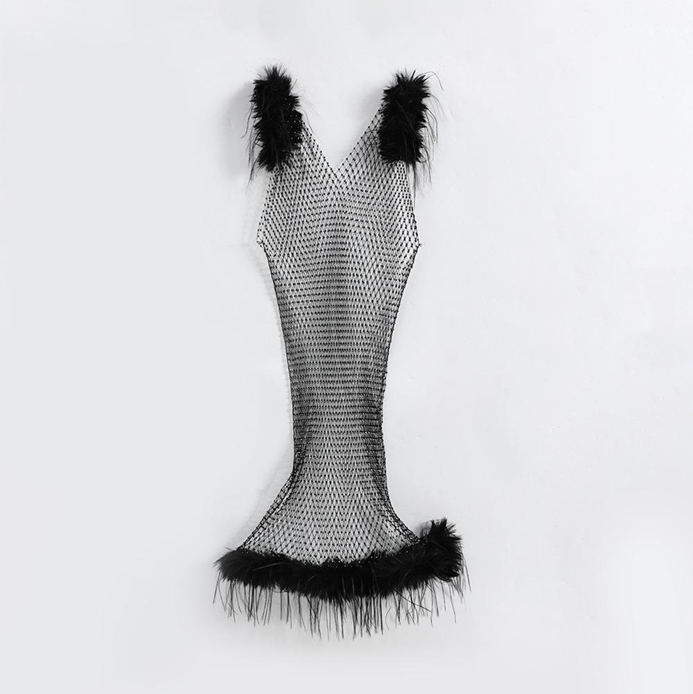 New women's clothing perspective sexy V-neck suspender Mao Mao dress fishing net flash diamond Spice girl hip skirt