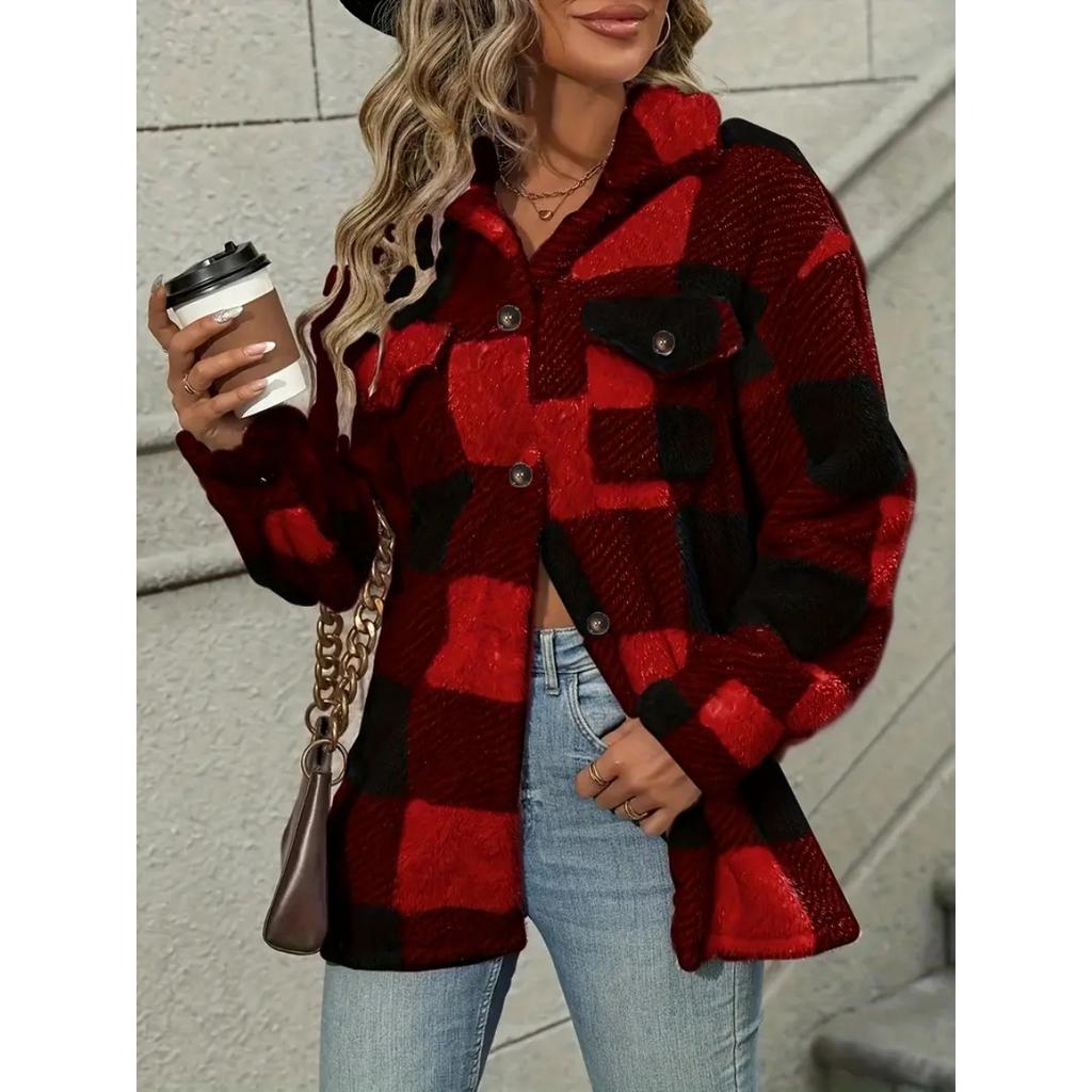 Ladies' Plush Fleece Winter Coat - Grid High Stretch Coat, Middle Eastern Elegant Collection, Machine Washable for Autumn and Winter