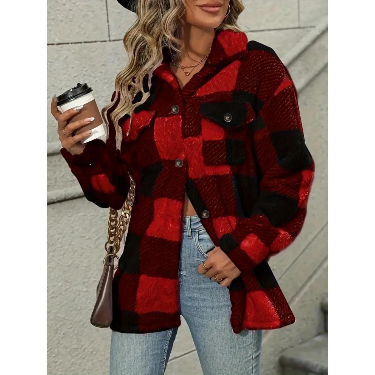 

Жіноче плюшеве флісове зимове пальто - Пальто з високою еластичністю в клітинку, Елегантна колекція Близького Сходу, Можна прати в машині для осені та зими S вина червоного кольору