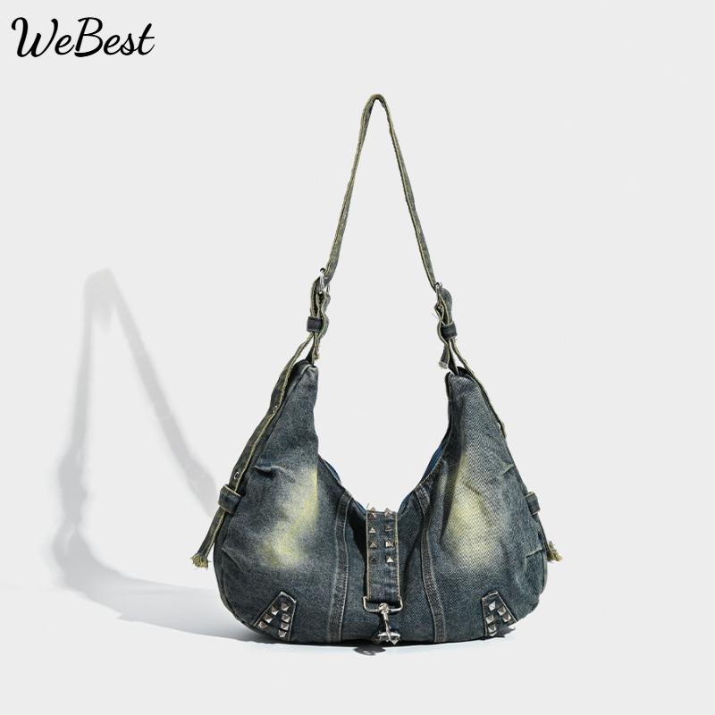 

Large Capacity Tote Bag, Washed Denim Studded Single Shoulder Commuter Crossbody Bag синий
