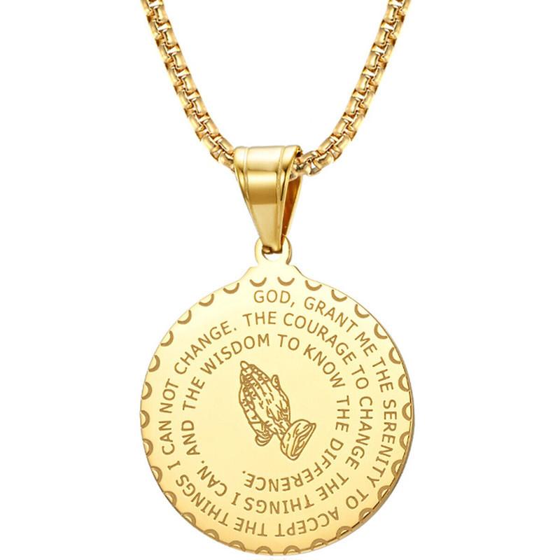 Stainless Steel Round Pendant Necklace, Steel Praying Hand Round Pendant Necklace, for Both Men and Women