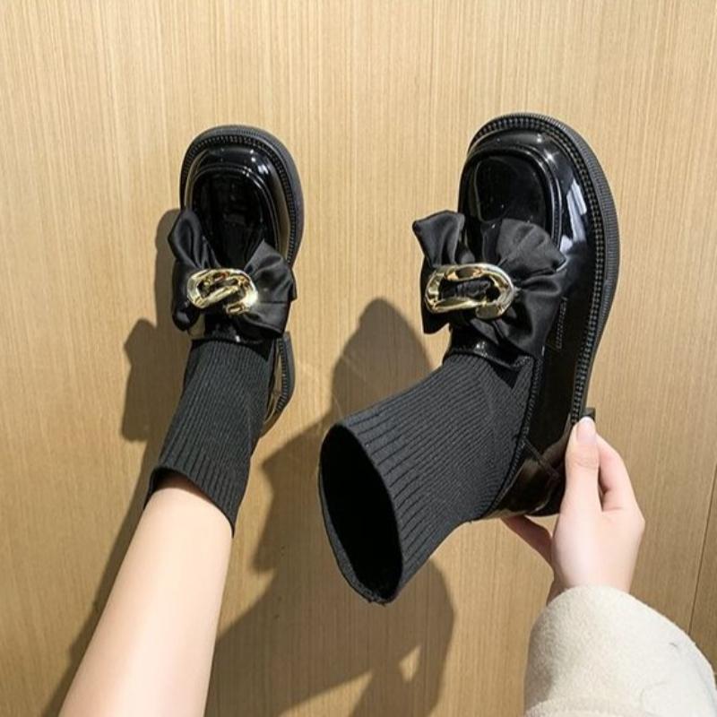 2025 New Women's Knit Socks Boots with Bow Black Ankle Shoes Autumn and Winter Fashion Casual Office Loafers for Women