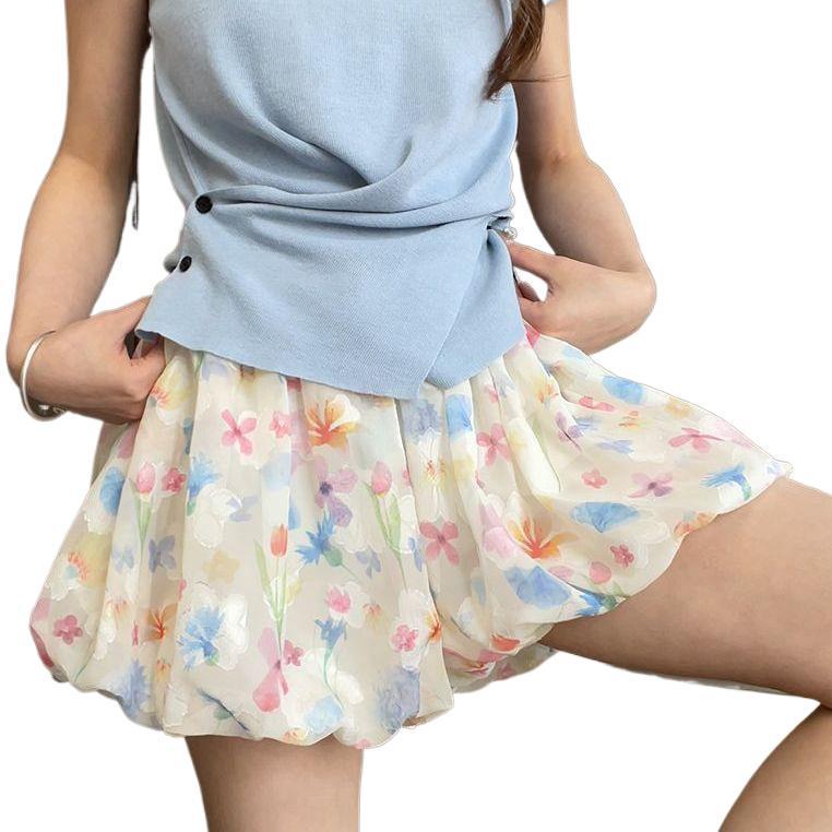 Women's Summer Floral High-Waisted Ice Silk Skort - Slimming, Loose, Wide-Leg Design