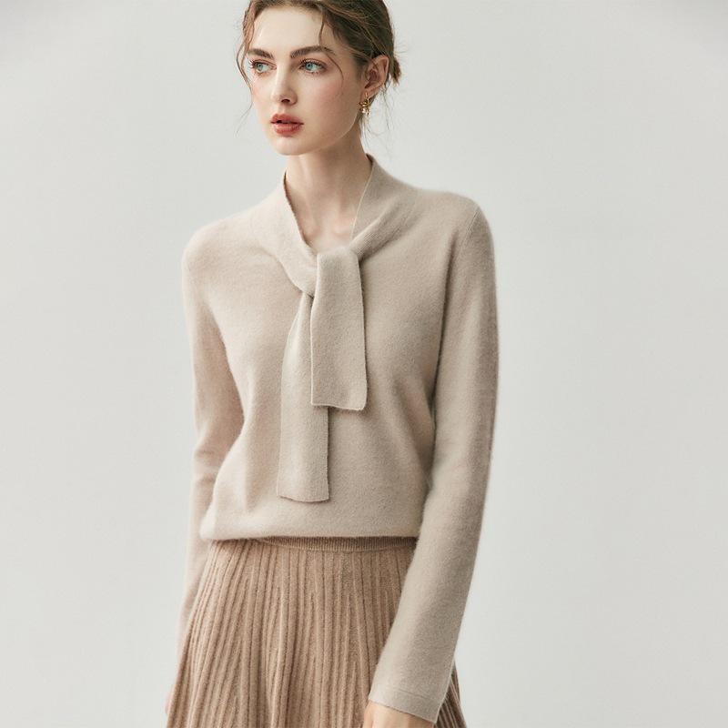 60% Cashmere V-neck Ribbon Knit Top for Women - Loose & Slimming Fit
