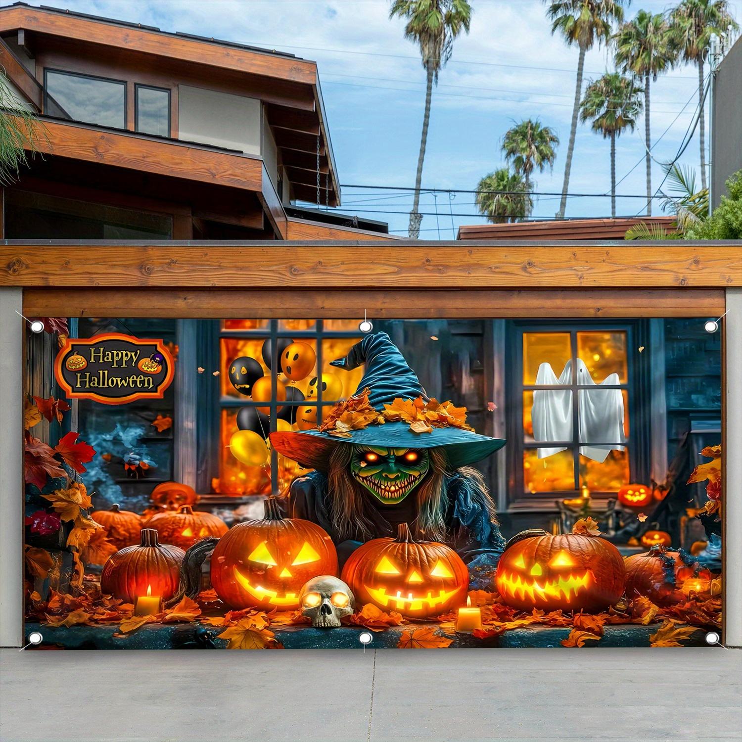 Halloween Witch and Pumpkin Garage Door Banner - Ghost Witch in blue hat Pumpkin Lantern and autumn leaves Halloween polyester 100x150cm
