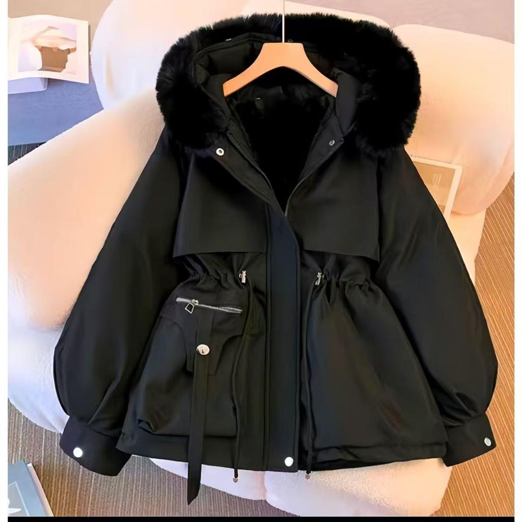 Parka Women's Mid-length Waisted Hooded Large Fur Collar One-piece Fleece Cotton Jacket Korean Style Autumn and Winter Coat