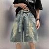 Summer Thin Washed Retro Denim Shorts Men's American Loose Trendy High Street Ruffian Handsome Wide-leg Rough-edge Five-point Pants
