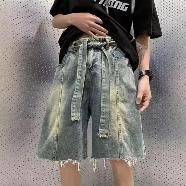 Summer Thin Washed Retro Denim Shorts Men's American Loose Trendy High Street Ruffian Handsome Wide-leg Rough-edge Five-point Pants