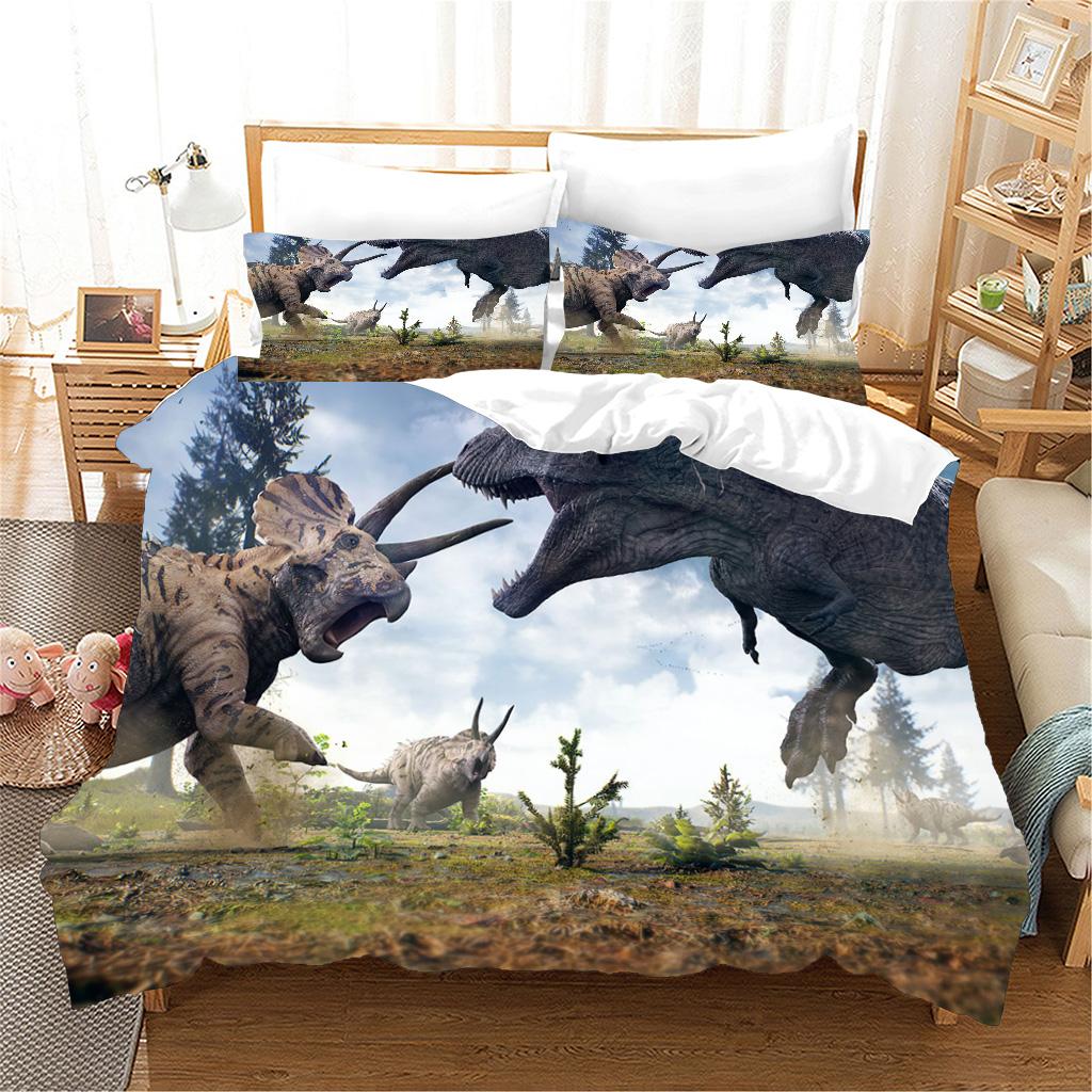 3 stk Sengesett 3d Dinosaur World Tyrannosaurus Rex Kids Barn Mikrofiber Polyester Seng Dynetrekk Sett Og 2 stk Putetrekk