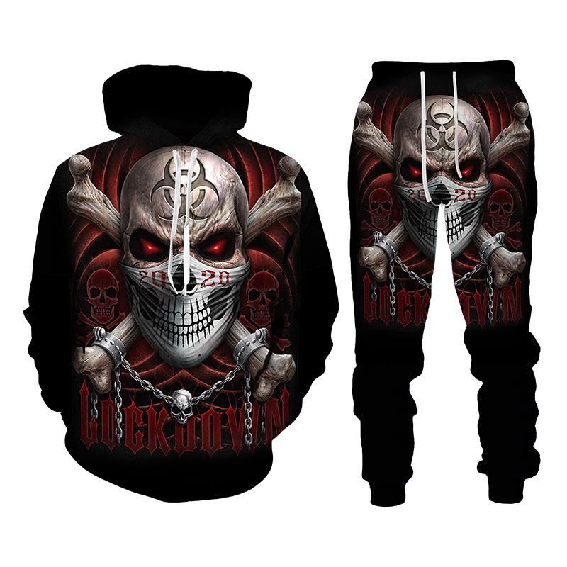 Vintage Gothic Skull Pattern 3D Print Men Tracksuit Sets Casual Hoodie+Pants 2pcs Sets Oversized Sweatshirt Trend Men Clothing
