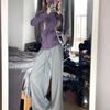 Women's New Style Retro Purple Hooded Sweatshirt Jacket with Waist-Cinched Zipper Cardigan Design