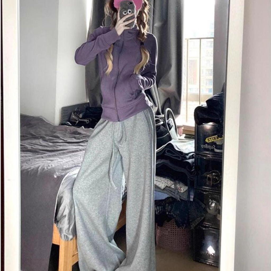 Women's New Style Retro Purple Hooded Sweatshirt Jacket with Waist-Cinched Zipper Cardigan Design