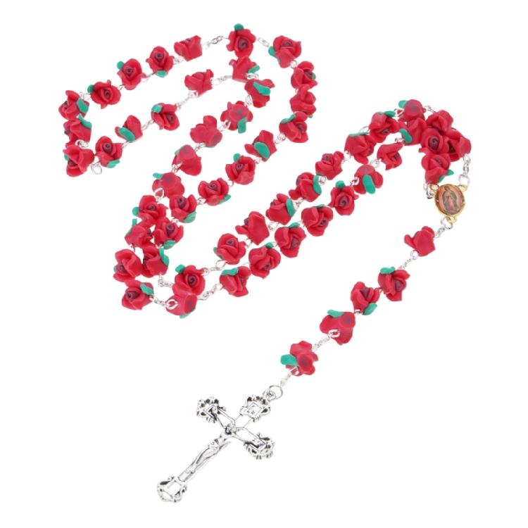Cross Rose Beads Religious Jewelry for Women Catholic Rosary Necklace Meditation