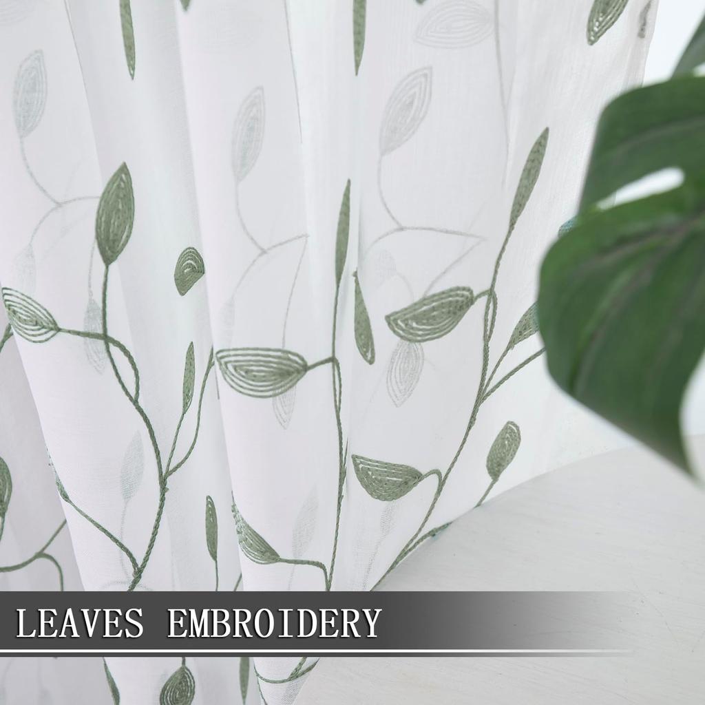 Tollpiz Leaves Short Sheer Curtain Sage Green Leaf Embroidery Living Room Curta Rod Pocket Voile Faux Linen Embroidered Leaves Curtain for Bedroom,