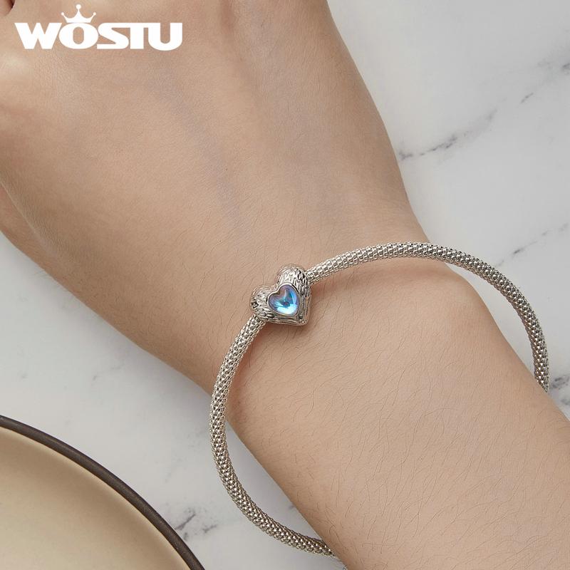 WOSTU 925 Sterling Silver Rainbow Moonstone Beads Heart Charms Angel Guard Pendant Fit Original Bracelet DIY Neckalce